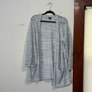 Talbots Blue White Linen Lightweight Open Front‎ Cardigan Size Large